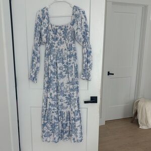Blue Floral Long-Sleeve Smocked Maxi Dress